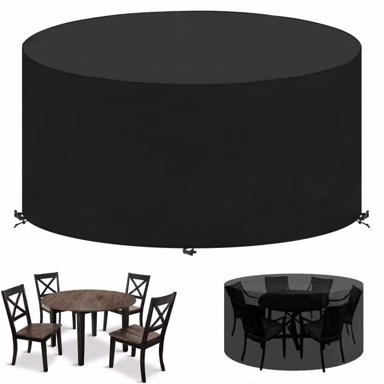 Copertura impermeabile per tavolo da giardino rotondo - Copertura per mobili da giardino, impermeabile - Dimensioni: 163x70 cm - Protezione UV - Adatta per sedie e tavoli da pranzo - Colore: nero
