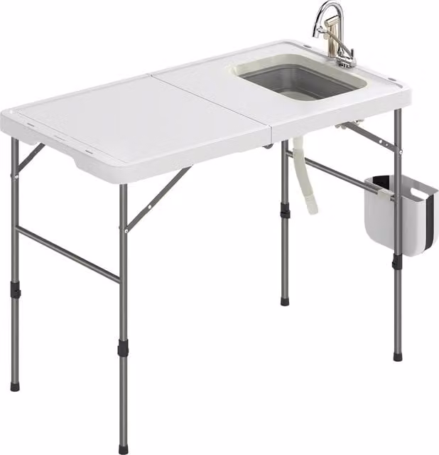 Tavolo pieghevole per la pulizia del pesce Outsunny con lavello, rubinetto e cestino, colore bianco