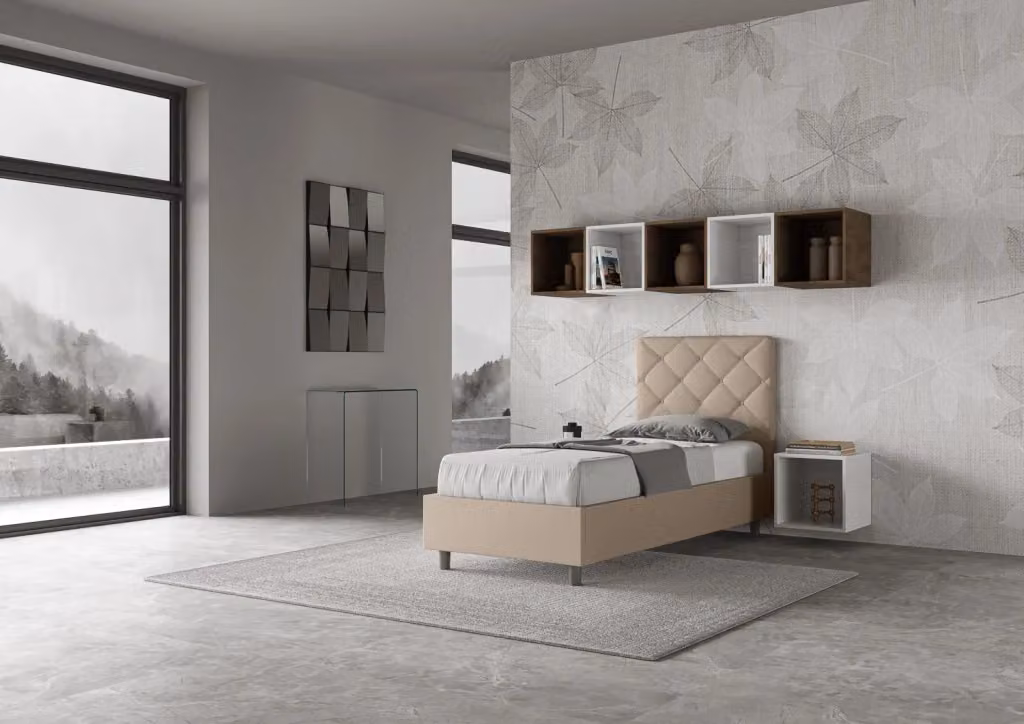 Letto singolo contenitore BS COM imbottito in similpelle beige L/P/H: 190 x 80 x 95 cm – 2