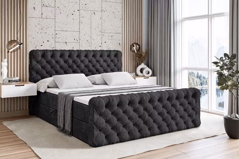 Letto boxspring ALTDECOR con pediera, materasso H3 e topper - 180x200 cm - BOXI8-Z - Velluto nero - Letto imbottito con contenitore e rete a doghe, letto con spazio contenitivo