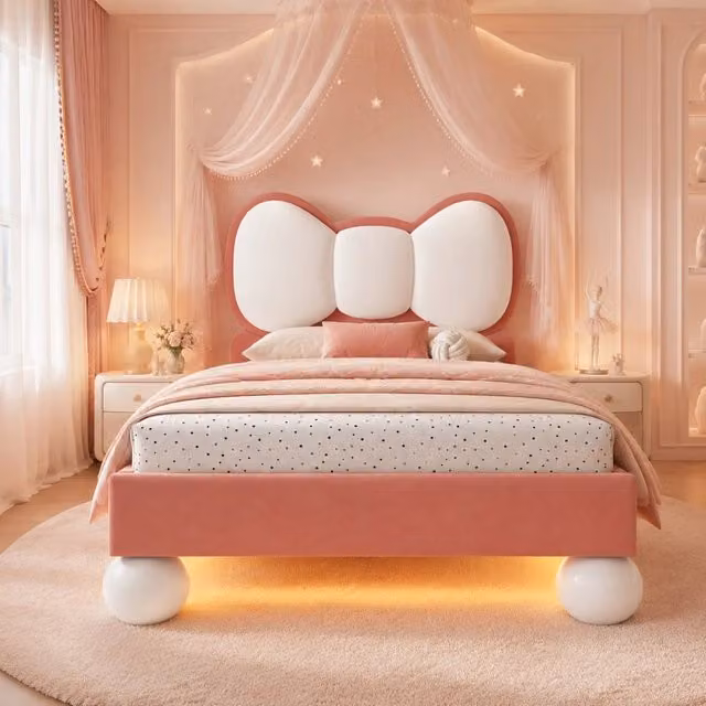 Letto singolo imbottito per bambini 90 × 200 cm in velluto beige e rosa con testiera a forma di fiocco e luce LED