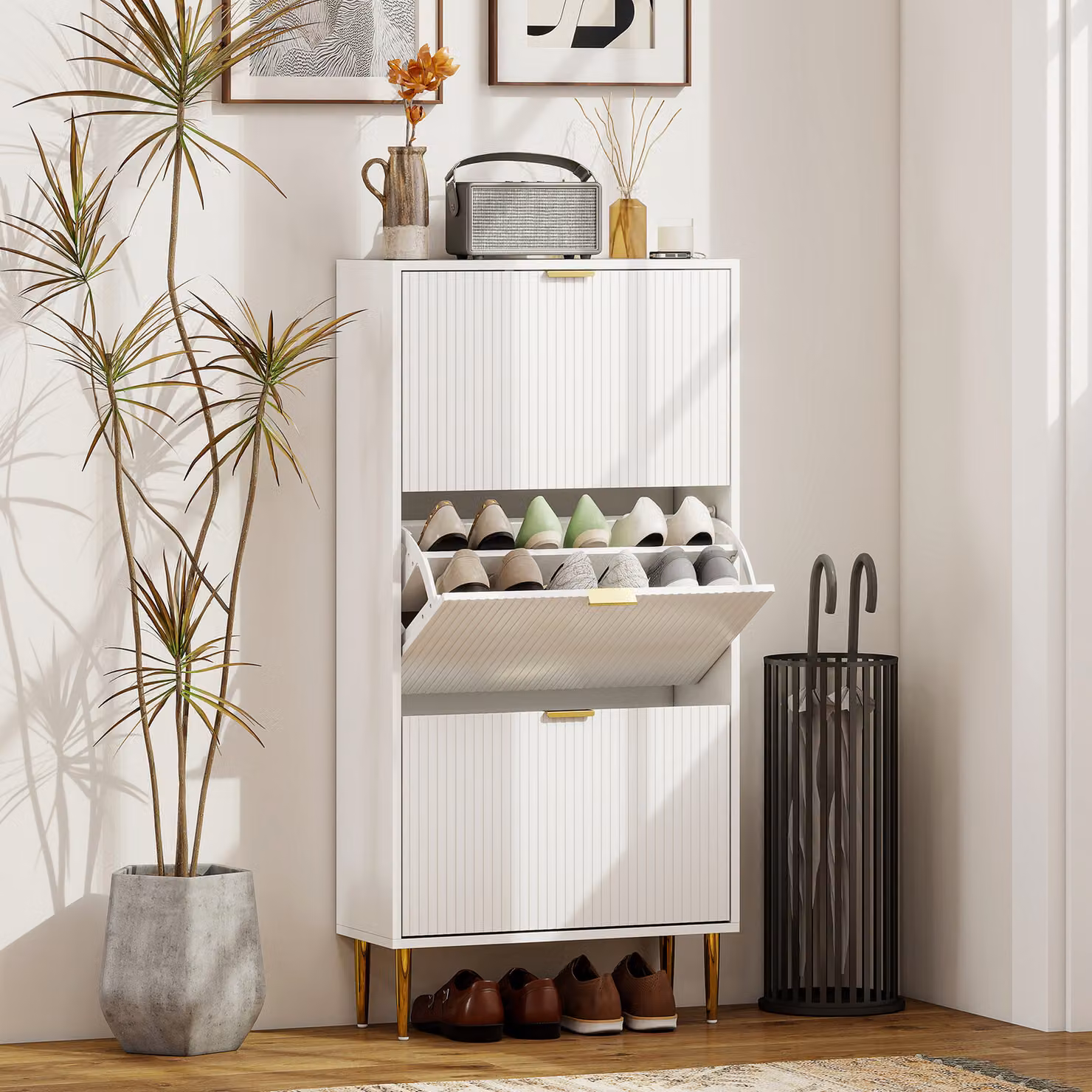 Scarpiera Slim HOMCOM Bianca con 3 Cassetti a Ribalta e Ripiani Regolabili per 18 Paia di Scarpe, L/P/H: 60 x 24 x 128 cm – 2