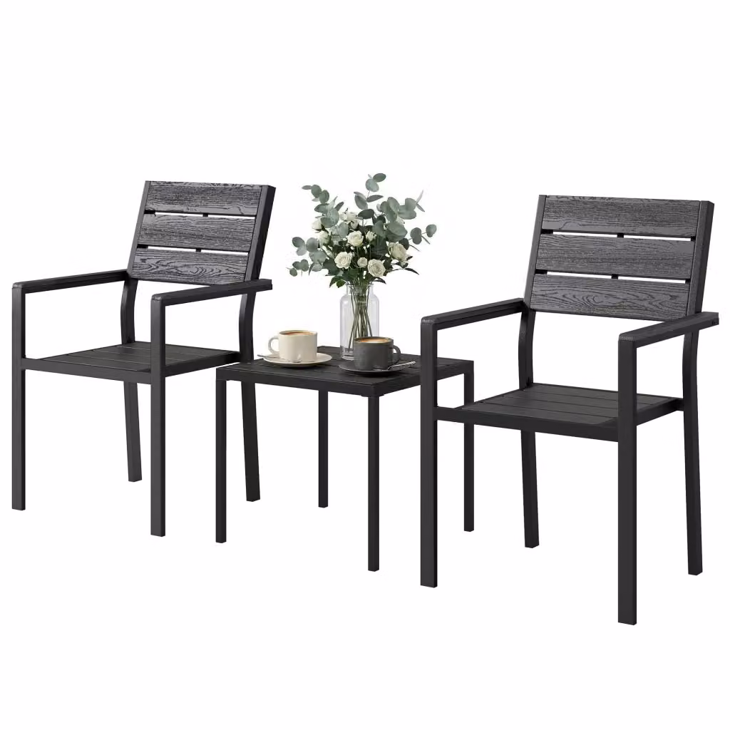 Set Giardino Minimal 3 Pezzi con 2 Sedie e Tavolo in HDPE Effetto Legno Nero per Balcone e Terrazzo – 2