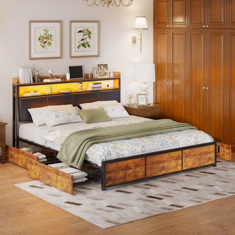 UnboxG Letto imbottito 160x200cm, letto per ragazzi letto matrimoniale con 4 cassetti, letto contenitore letto in legno massiccio con LED e rete a doghe, PU
