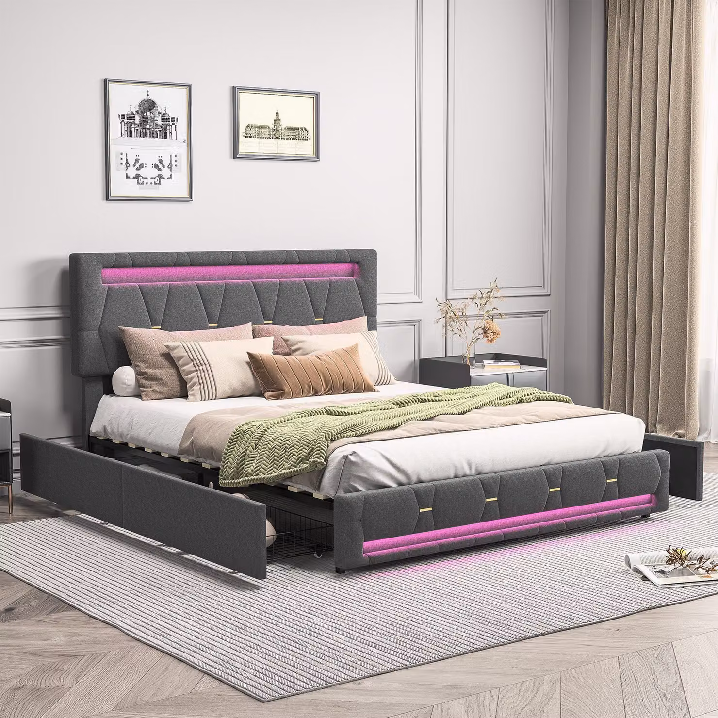 Letto imbottito Fortuna Lai 160x200cm, letto matrimoniale contenitore, con rete a doghe e 4 cassetti, illuminazione LED, lino, grigio