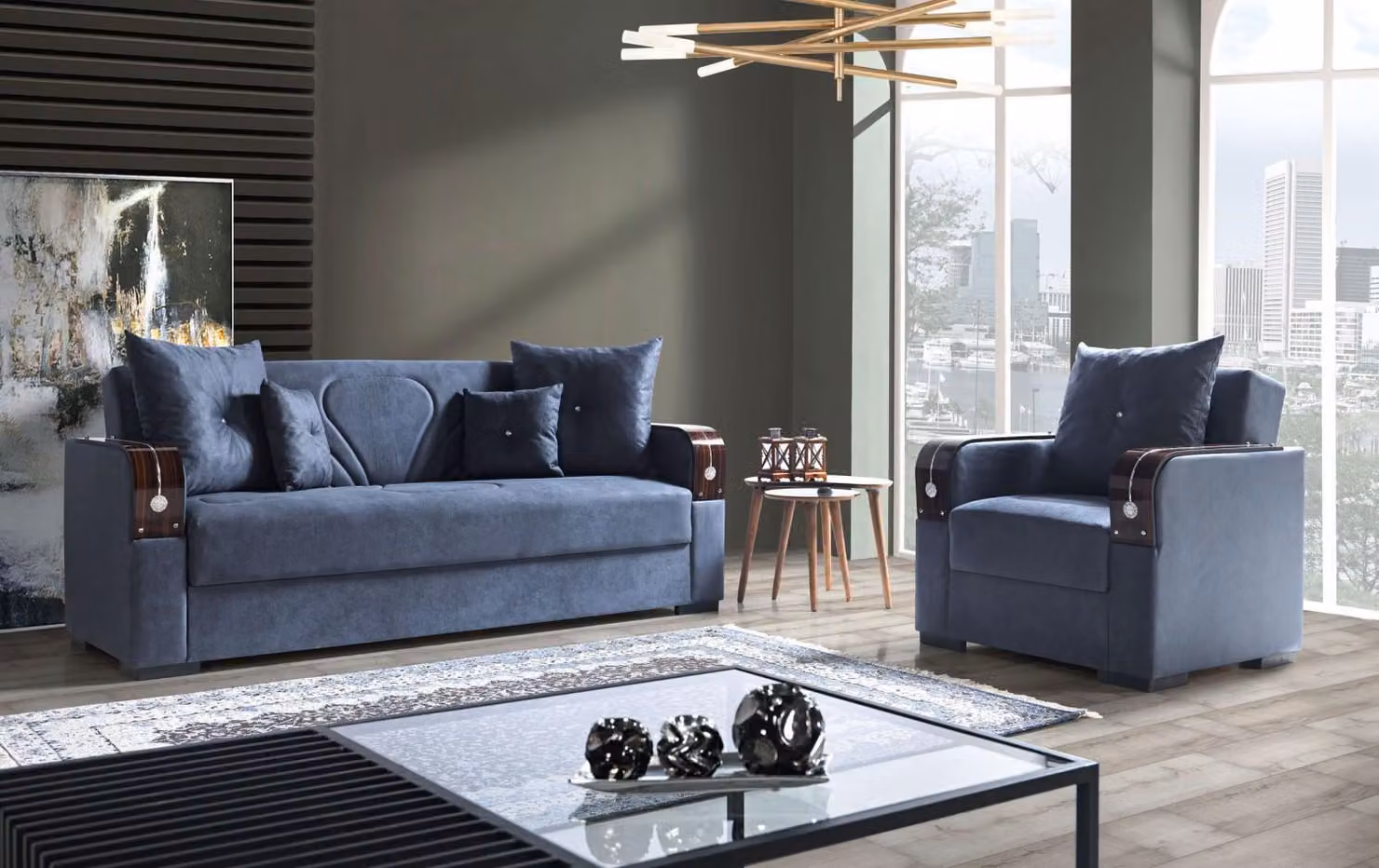 Sofagarnitur 3+1 Sitzer Textil Holz Sofa 3 Sitzer Modern Sessel Komplett Set
