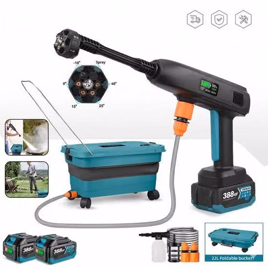 Idropulitrice elettrica ad alta pressione - 6 modalità di ugello - Pressione dell'acqua: 100 bar - Motore a cupola da 500W - Tubo flessibile per l'acqua da 5 metri - Secchio pieghevole da 22 litri - Batteria da 18-21V