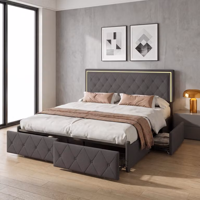 Letto imbottito INONEFT, 140x200 cm, con 4 cassetti, letto per ragazzi/coppie con illuminazione LED, letto contenitore in legno massello con rete a doghe, rivestito in PU, colore grigio