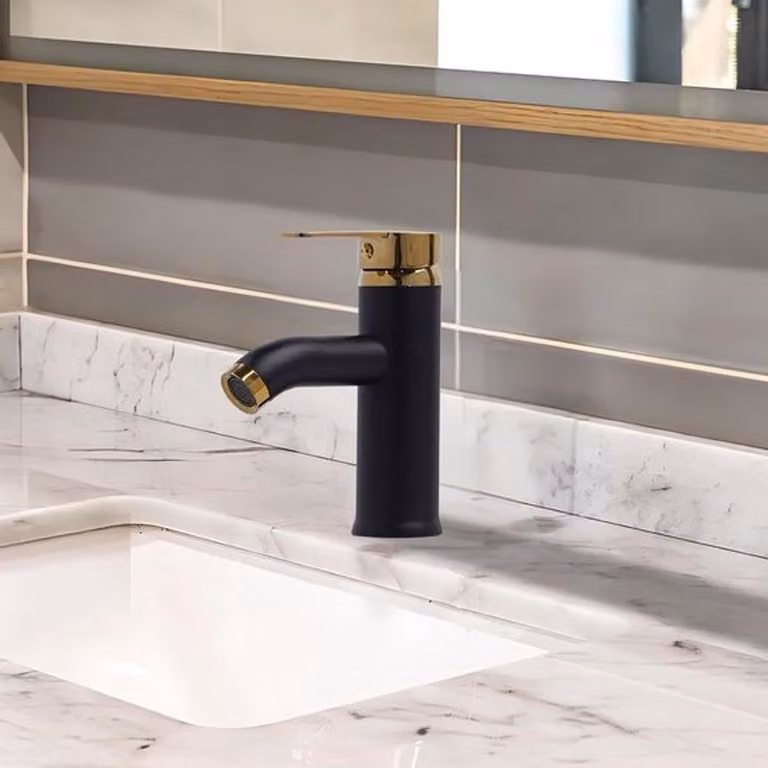 Rubinetto moderno per lavabo, monocomando, con acqua calda e fredda, in acciaio inossidabile, finitura nera e dorata