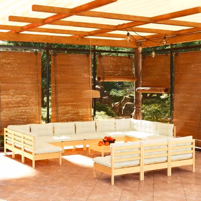 Set di Divani da Giardino vidaXL in Legno di Pino Massello con Cuscini Beige 14 Pezzi