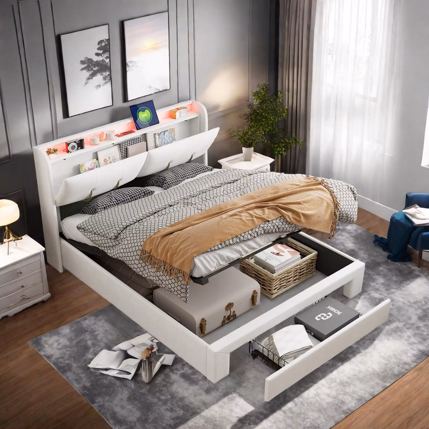 letto contenitore 160x200 cm con illuminazione a LED, rete a doghe, connessione USB tipo C e rivestimento in velluto bianco