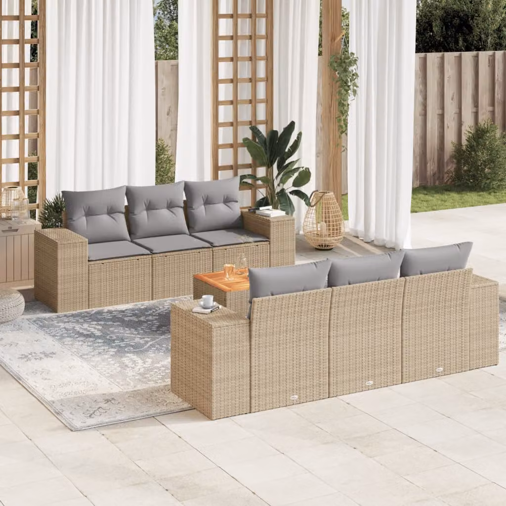 Set di divani da giardino vidaXL in polyrattan da 7 pezzi con cuscini beige e tavolino da esterno a forma di L – 1