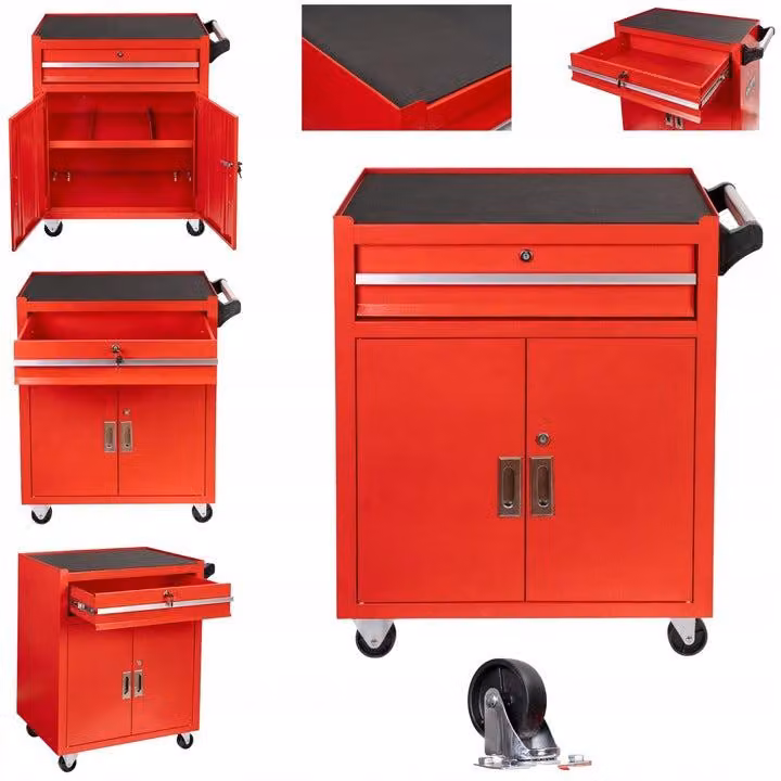 Carrello-armadietto metallico portautensili rosso, porta attrezzi multifunzione 2 ante e cassetto con serratura con ruote mobile, organizzatore per officina garage,Premium 73 × 63 × 40 cm Invento