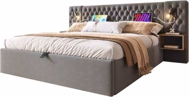Letto contenitore matrimoniale 160×200 cm con 2 comodini, lampade da lettura, USB e Type C, materasso incluso, grigio