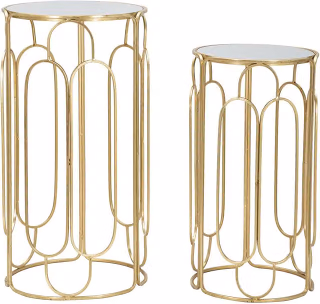 Coppia di tavolini da soggiorno Arty Charme1921 con piano in vetro dorato e struttura in metallo, forma rotonda, L/P/H: 70 x 36,5 x 60 cm