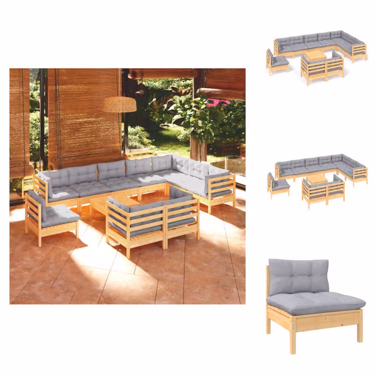 vidaXL set salotto da giardino 11 pezzi con cuscini grigi in pino massiccio - Set di mobili da giardino