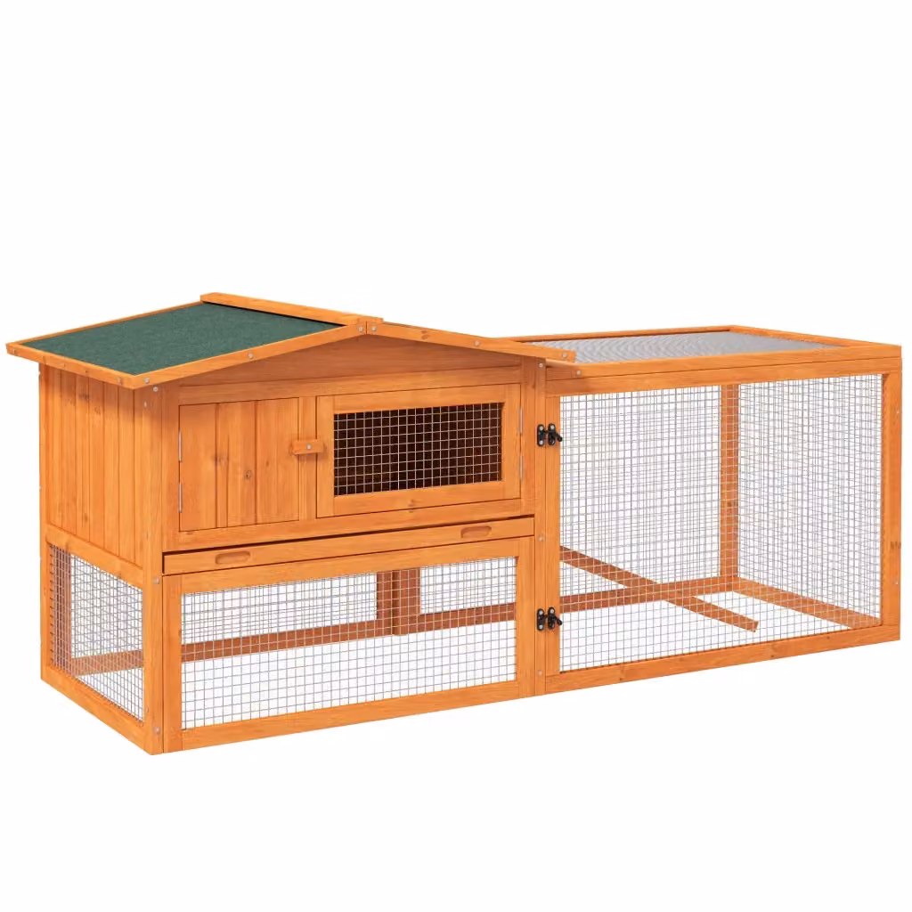 Gabbia per conigli Minimal a 2 piani in legno massello di pino, colore marrone e arancione, L: 156 cm, P: 58 cm, H: 68 cm – 2