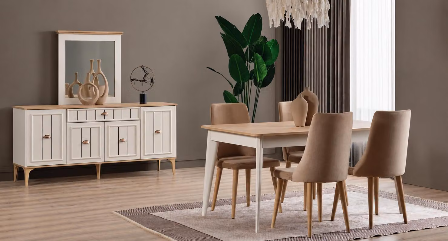 Set per sala da pranzo: tavolo da pranzo, 4 sedie, credenza. Stile moderno, elegante e confortevole