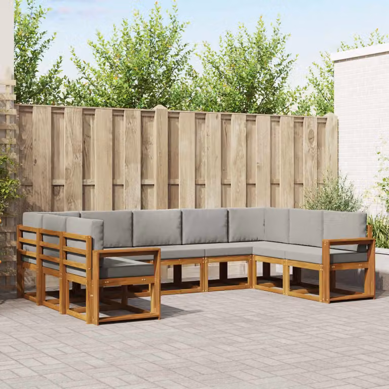 vidaXL Set di divani da esterno a L in legno di acacia con cuscini, 9 pezzi, Grigio e Marrone