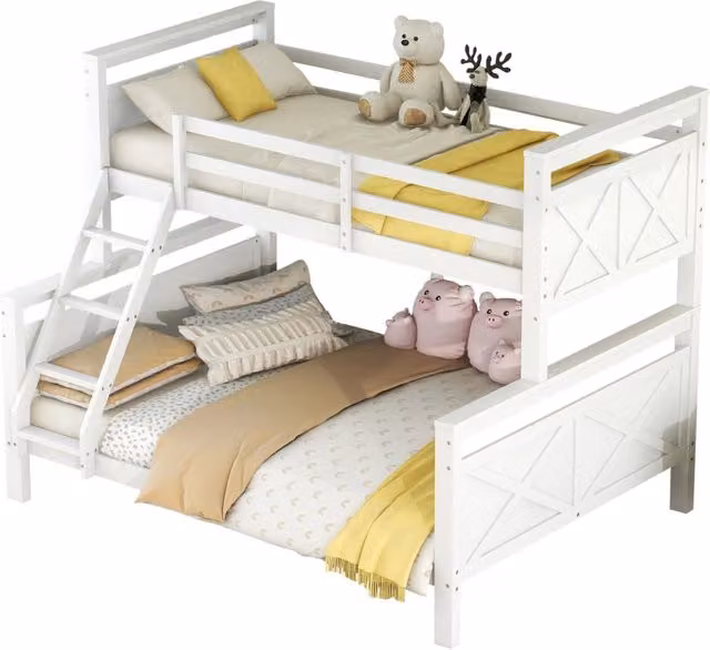 Letto a castello per bambini REDOM in legno e MDF bianco con struttura a casetta e scala, H: 162 cm, L: 205 cm, P: 145,5 cm