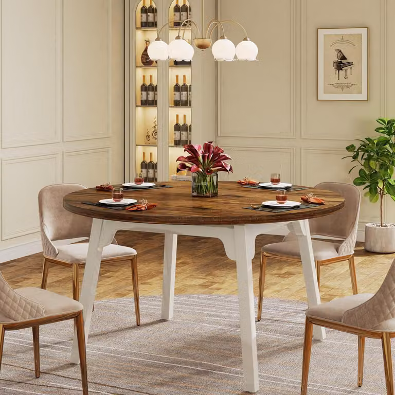 Tavolo da pranzo rotondo per 4-6 persone, dimensioni 120 x 75 cm, colore marrone/bianco, struttura in MDF con gambe in legno massello