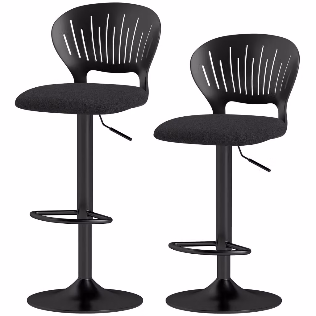 Sgabello da Bar Minimal Regolabile in Altezza con Seduta in Tessuto e Base in Metallo Nero, Girevole 360° – 2