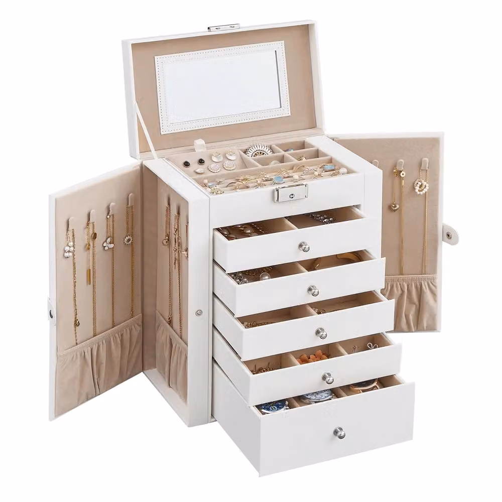 Scatola Portagioie con Cassetti Specchio Interno Chiusura a Chiave, Bianco / 26 x 15 x 32 cm (P x L x H)