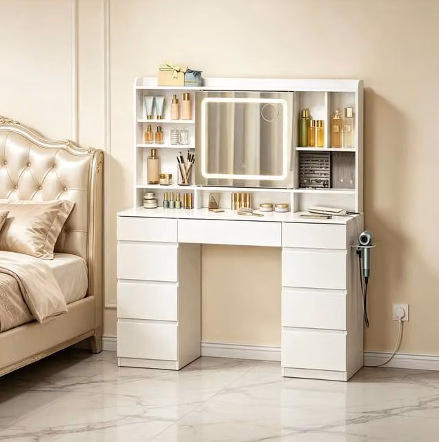 Tavolo da trucco 110x40x140 cm bianco in legno ingegnerizzato, 9 cassetti