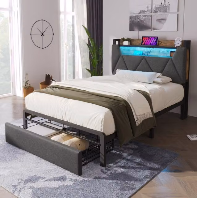 Letto singolo ULEVR 90x200 cm con testiera contenitore, LED, USB e Type-C, cassetto su ruote, grigio