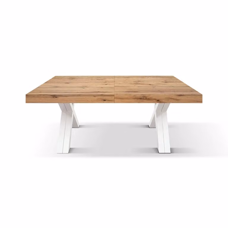Tavolo VICENZA in legno, finitura rovere rustico e gambe incrociate in legno bianco, allungabile 120×80 – 320×80 cm