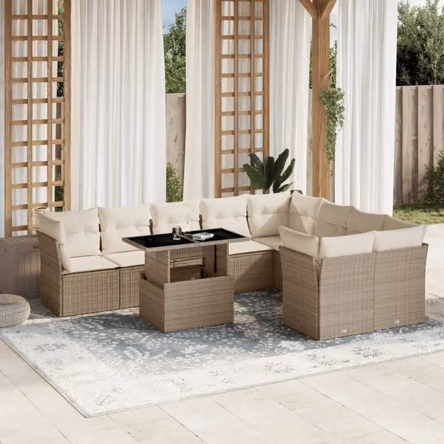 Set Divano da Giardino vidaXL 10 Pezzi in Polyrattan con Cuscini Beige e Tavolino in Vetro – 1