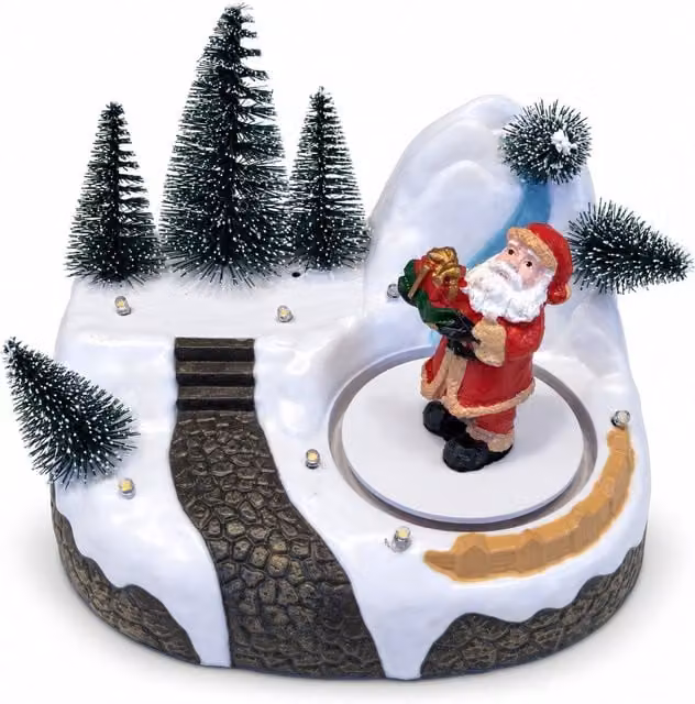 Villaggio di Natale Luminoso con Elemento Rotante, Luci LED e Musica – 3 Varianti: Albero, Babbo Natale, Bambini – 17x14x15 cm