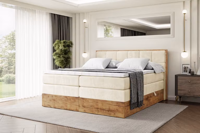 Letto boxspring ALTDECOR con materasso e rete a doghe, topper, letto imbottito con contenitore, letto con spazio contenitivo per materassi H3 e H4, letto matrimoniale, letto boxspring - LOLLI7 KING - 180x200 - Beige Monolith