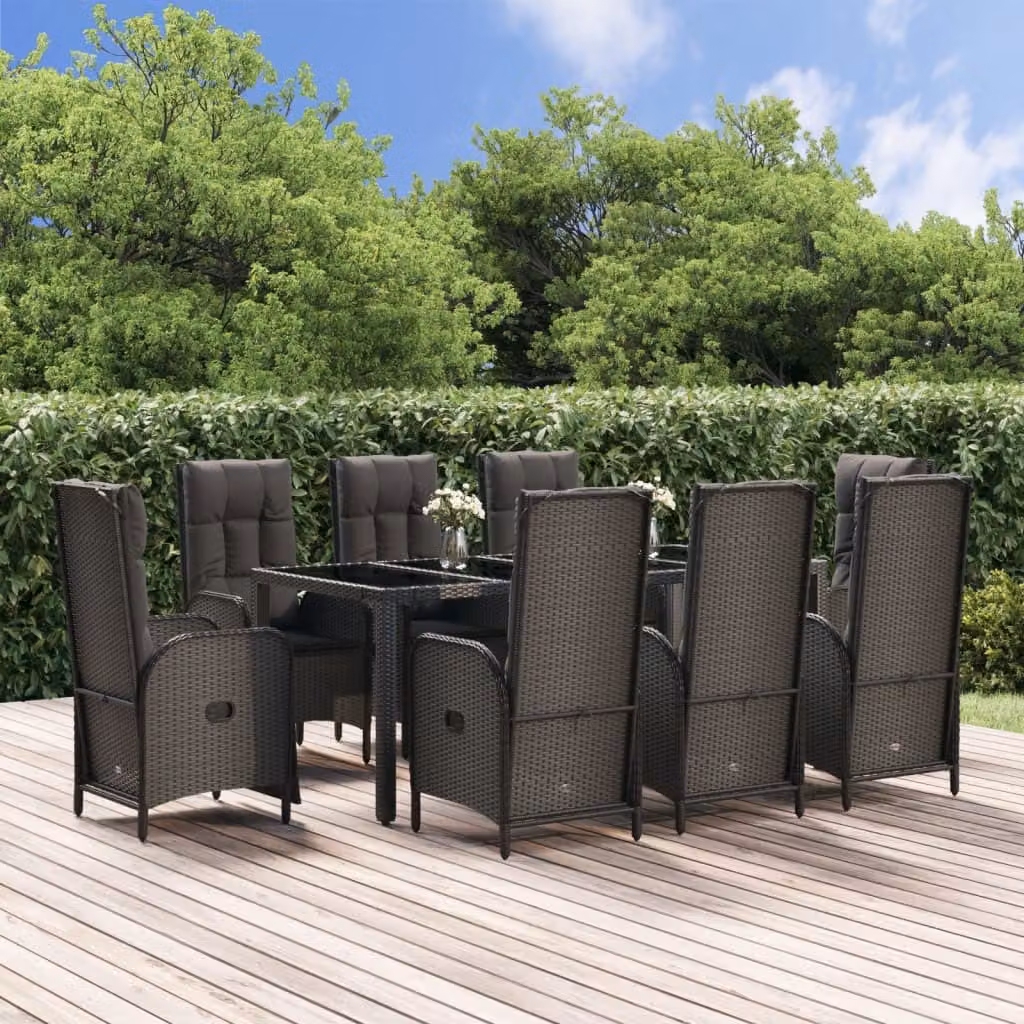 The Living Store Set da pranzo da giardino 9 pezzi con cuscini in polirattan nero