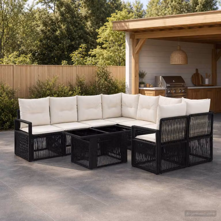 Set Divano da Giardino vidaXL 9 pz in Polyrattan con Cuscini, Colore Nero e Bianco Crema