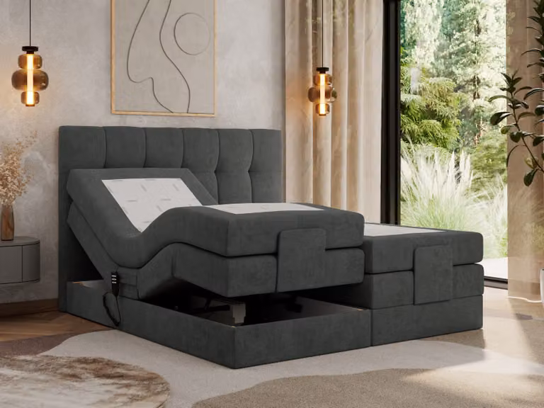 Letto a molle insacchettate MKS MEBLE 140 x 200 cm regolabile elettricamente Materasso a molle insacchettate a 7 zone con topper Letto 140 x 200 cm con motore Letto imbottito Letto motorizzato - Vittoria - Struttura grigio scuro - H3