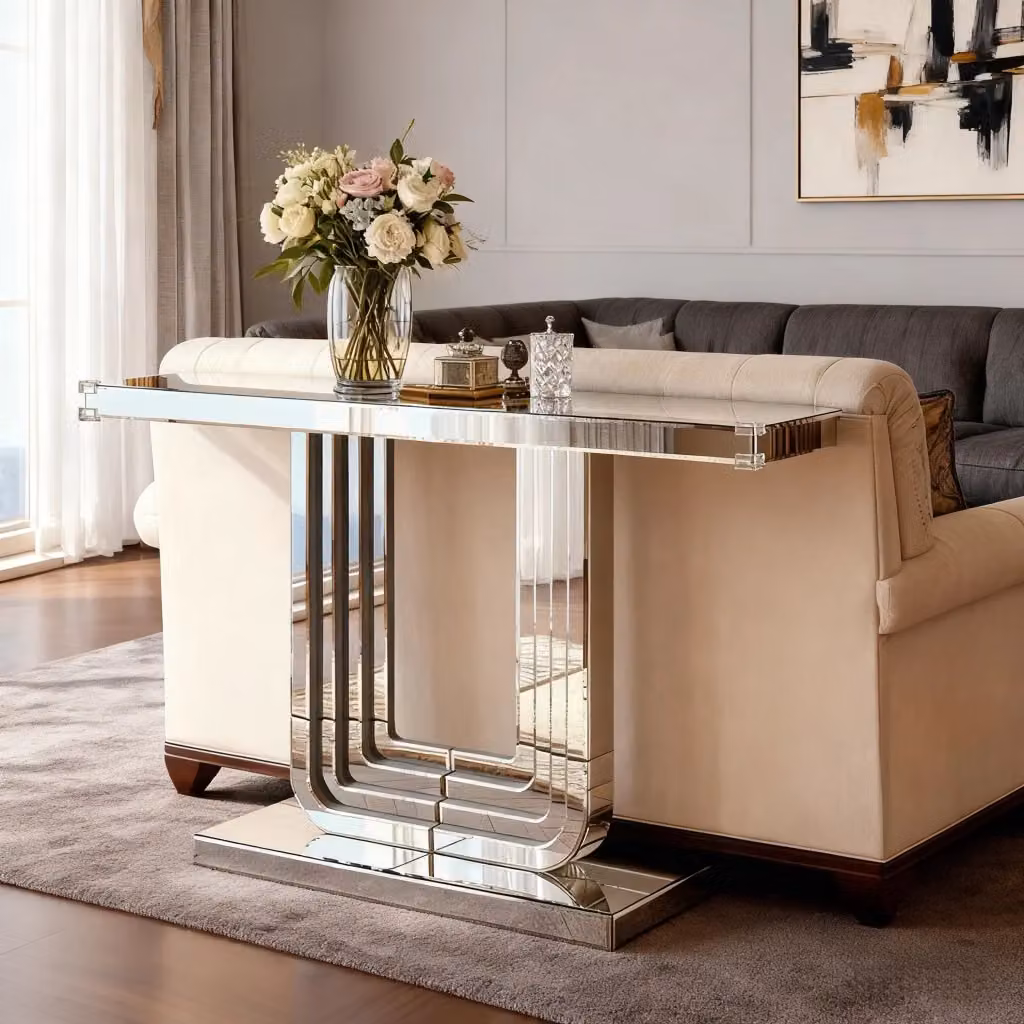 Consolle Mivray con superficie a specchio e base a U in vetro e MDF argento per ingresso e soggiorno L: 135 cm, P: 40 cm, H: 31.5 cm – 2