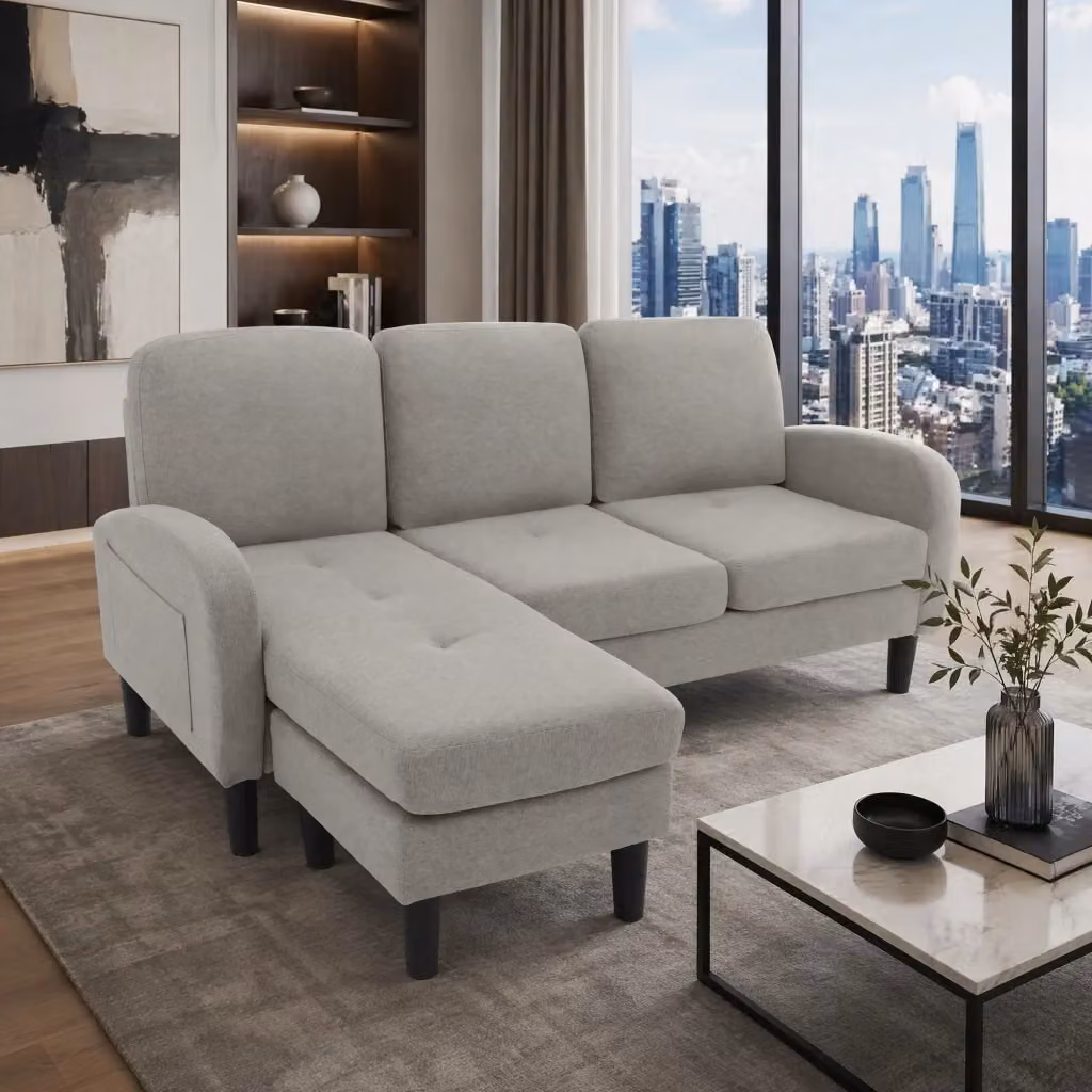Divano angolare modulare REDOM grigio in tessuto, reversibile e moderno, L/P/H: 166 x 118 x 77 cm – 2