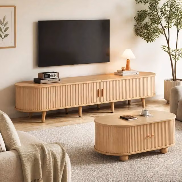 Set mobile TV e tavolino da salotto moderno in MDF effetto noce chiaro; 170 cm e 100 cm