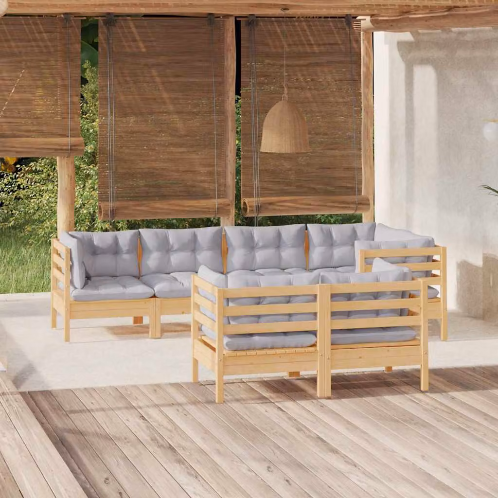 Set di divani da giardino vidaXL in legno massello di pino con cuscini grigi, composizione a L con 7 pezzi