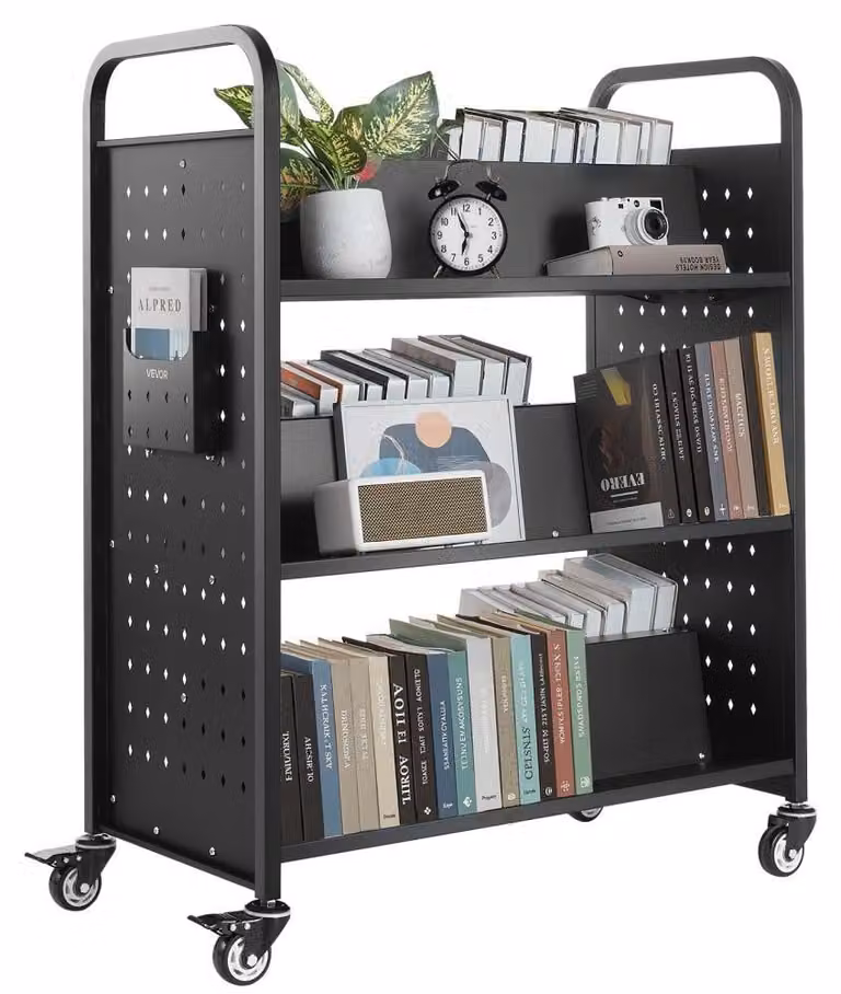 Carrello portab libri, capacità di carico 150 kg, 3 ripiani, Acciaio al carbonio, colore nero. Ideale per biblioteche e uffici, per l'organizzazione e il trasporto di libri e documenti