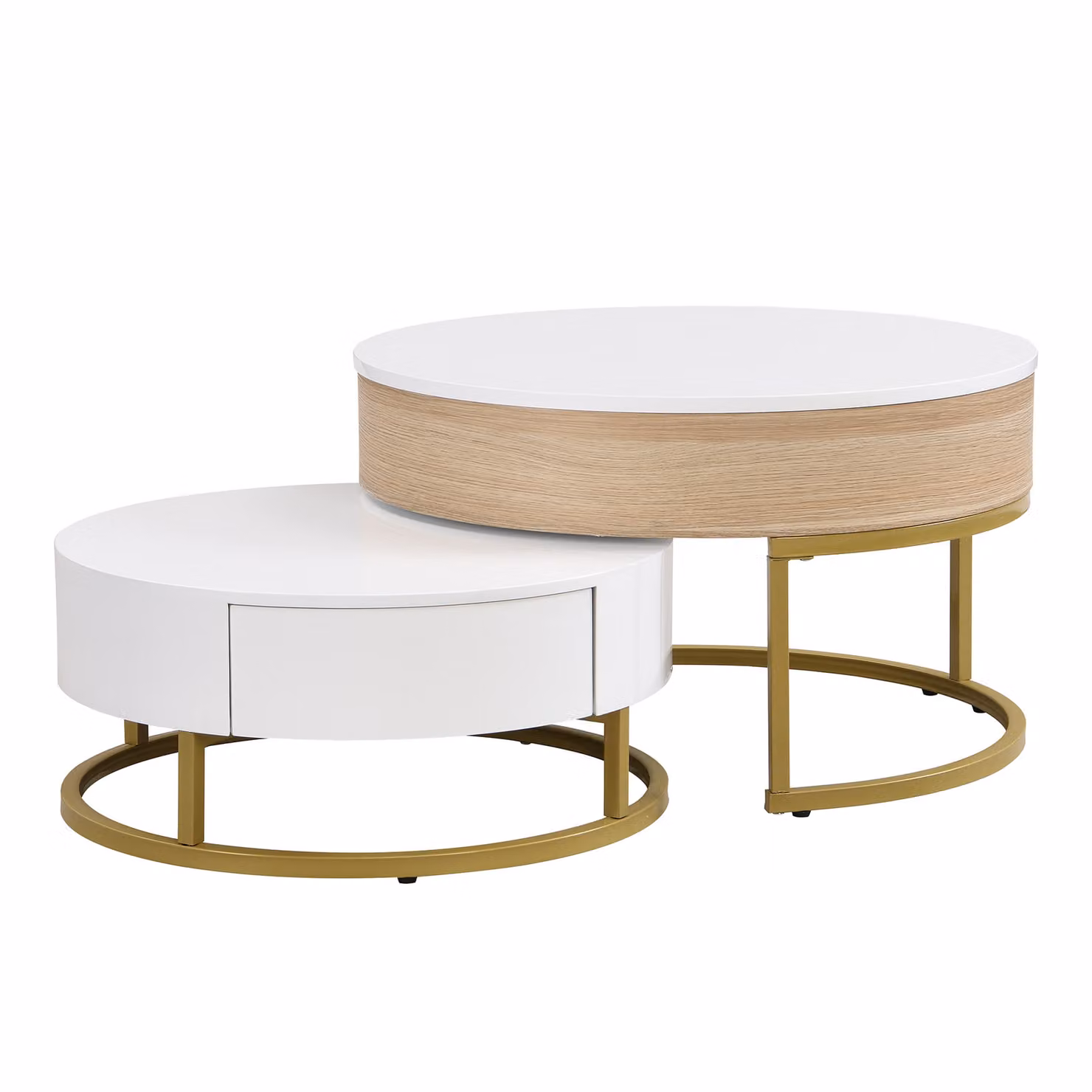 Set di Tavolini da Salotto Sovrapponibili Regolabili in Altezza con Due Cassetti GL Store, Design Moderno in MDF Bianco e Oro, L/P/H: 70 x 70 x 42/56,5 cm e 60 x 60 x 24 cm – 2