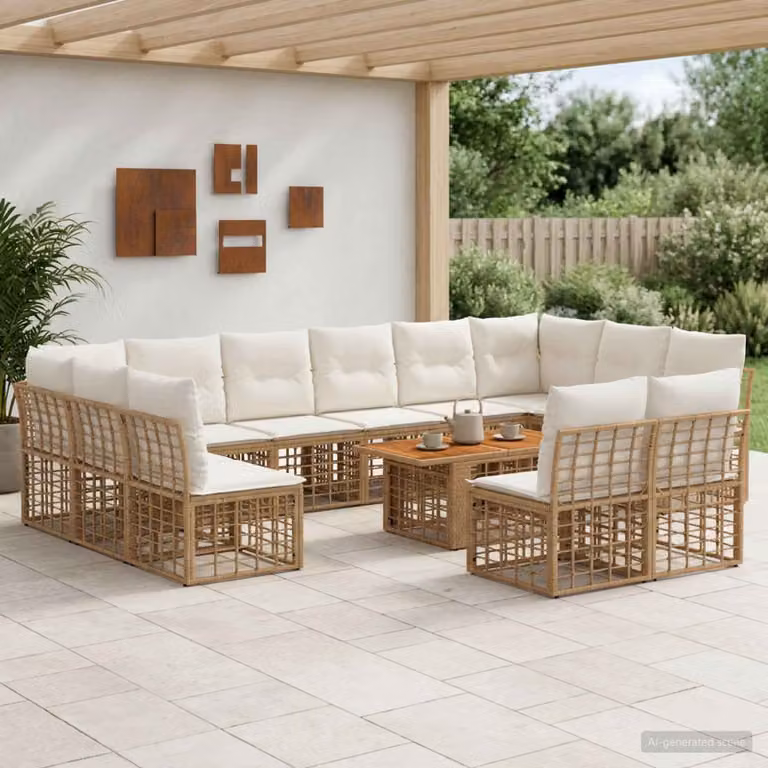 vidaXL Set Divano da Giardino 13 pz in Polyrattan con Cuscini, Colore Naturale e Bianco Crema