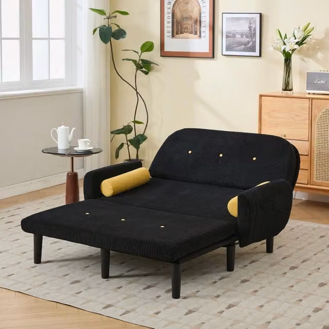 Divano letto click clack FOLYNA in velluto nero con schienale regolabile e cuscini inclusi