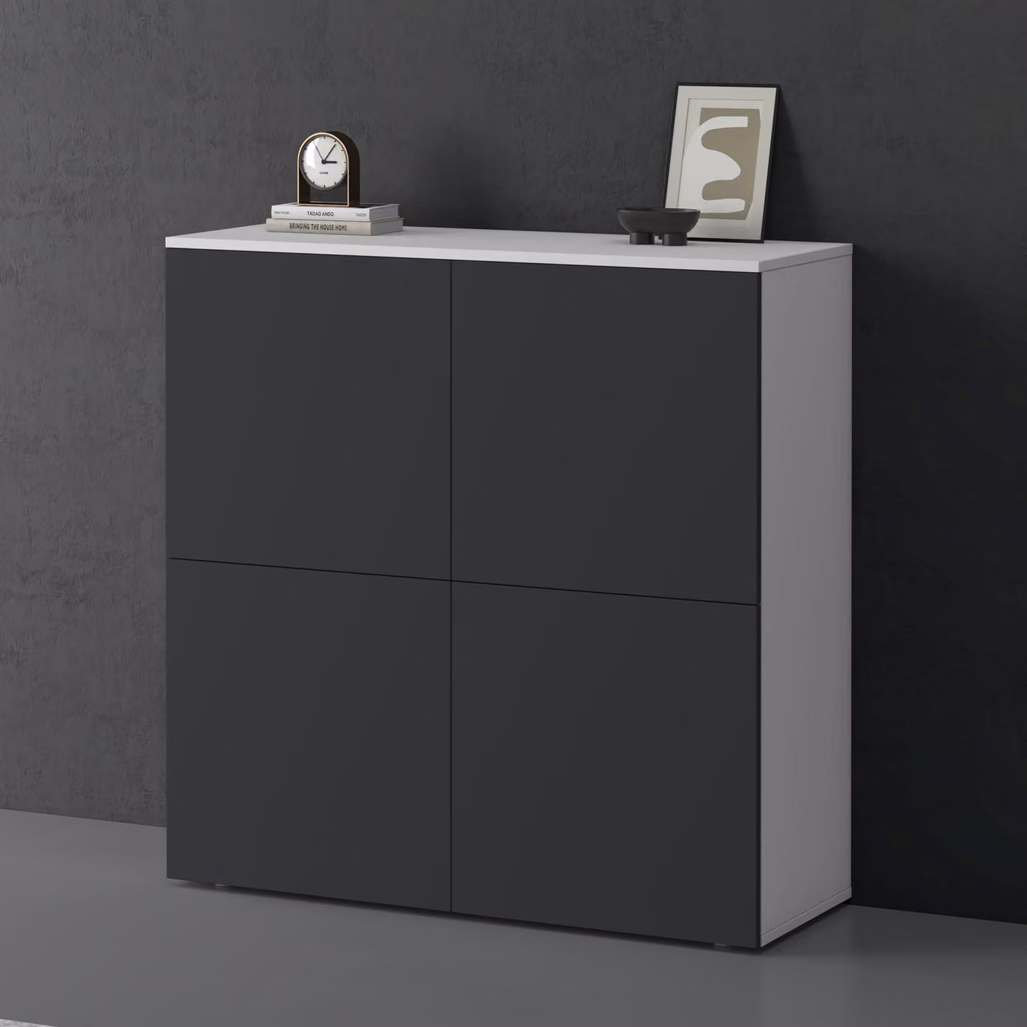doporro Mobile Organizzatore Credenza Buffet in Legno con 4 Ante Push-to-Open e Soft-Close per Soggiorno, Sala da Pranzo o Ingresso, 100x36,4x100 cm Bianco opaco e Antracite opaco Schrank04