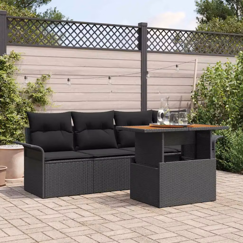 Set Divano da Giardino vidaXL 5 Pezzi in Polyrattan Nero con Cuscini e Tavolino – 1