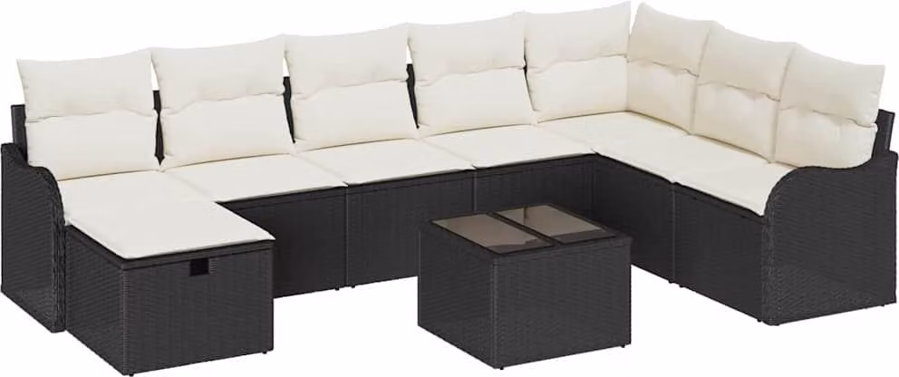 Set Divano da Giardino con cuscino 9 pcs Nero Poly Rattan