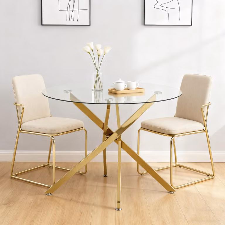 Tavolo rotondo da pranzo, vetro, gambe dorate, design minimalista