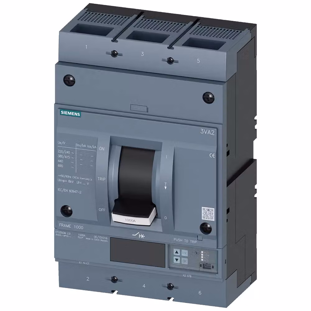 Interruttore di potenza Siemens 3VA2, telaio IEC 1000, classe di capacità di interruzione C, Icu=110 kA a 415 V, 3VA25807MP320AA0