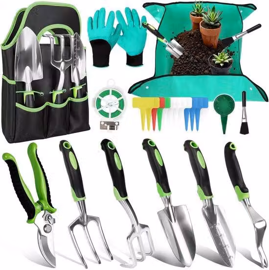 Set completo di attrezzi da giardino Unyqoos®: lega di alluminio, impugnature antiscivolo, tappetino da lavoro impermeabile, borsa per il trasporto e accessori